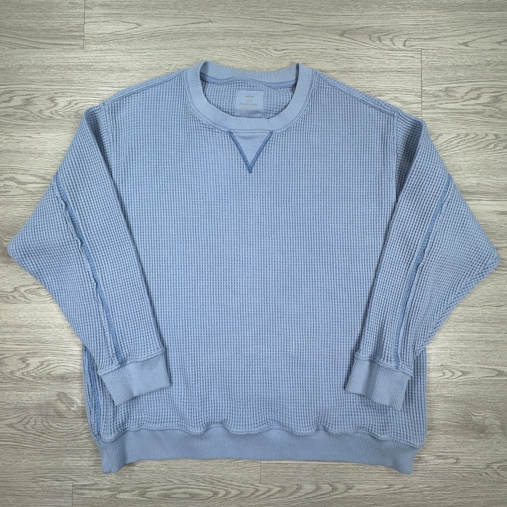 Aerie‎ Women's Sweatshirt Waffle Knit Crewneck Oversized Blue Large Long Sleeve